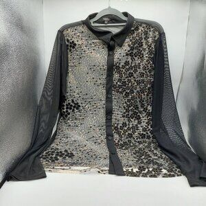 Mission Brand Shirt Size Large Sheer Gold Thread Mesh Button Front Goth Party